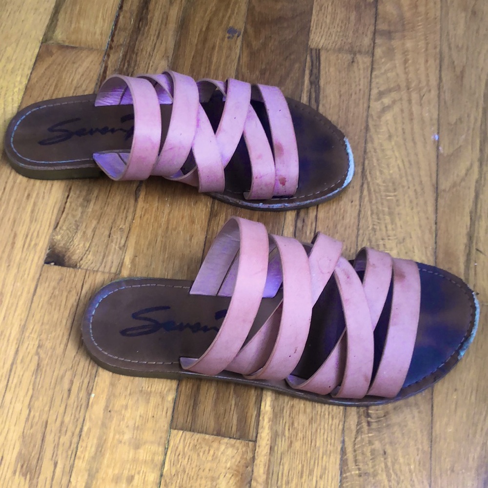 7 For All Mankind Pink Strappy Sandals Flats Slip-On Slides Mules 7 / 38 - Picture 4 of 4